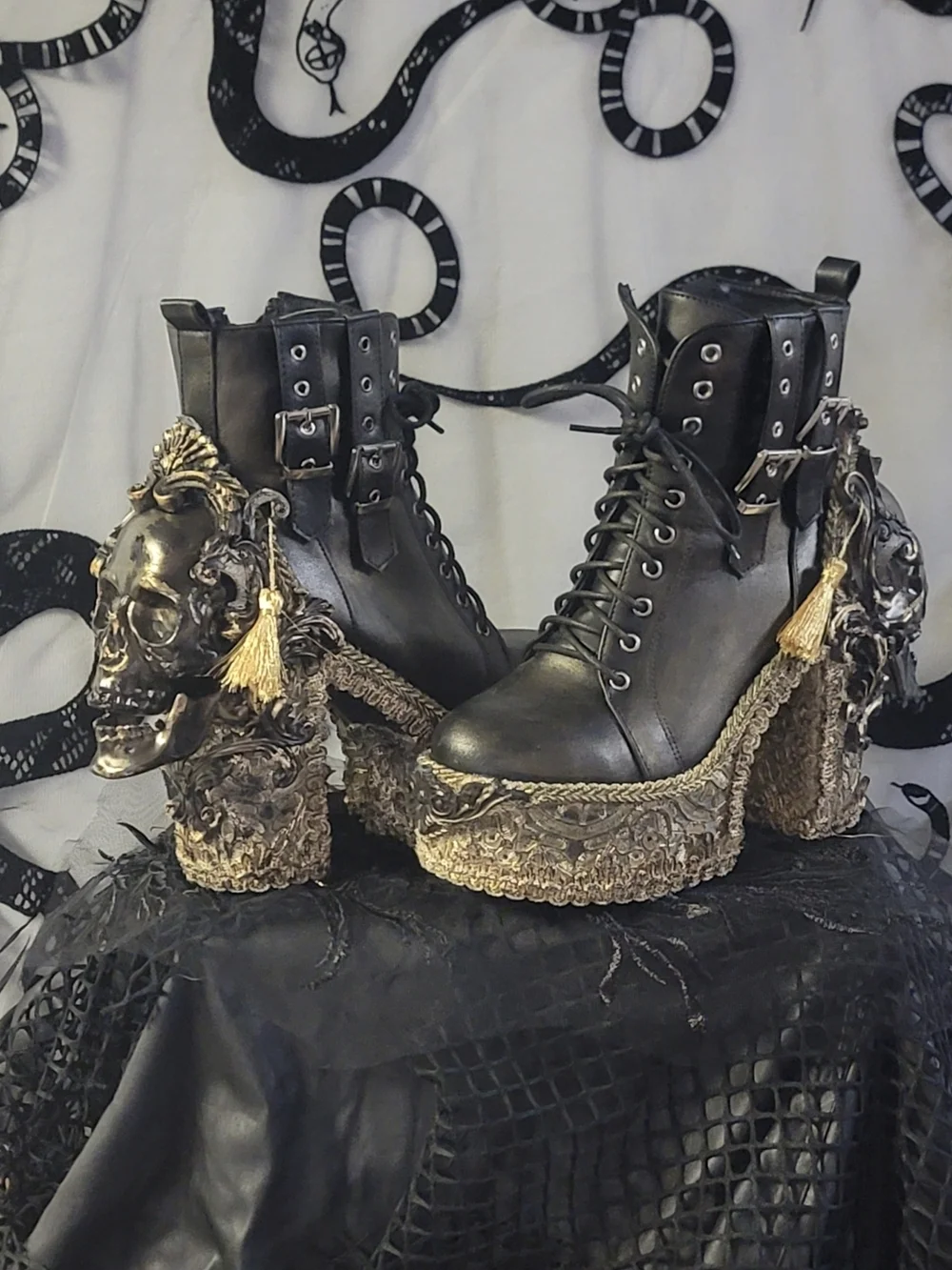 Hand Crafted Black and Gold Skull-Heel Platform Boots - Women